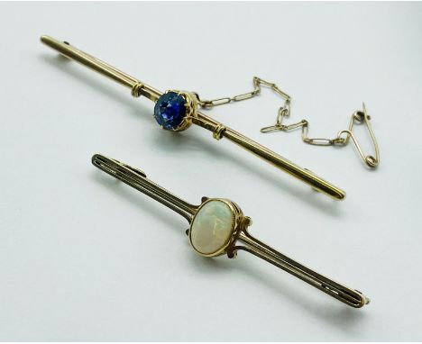 TWO 9CT GOLD BAR BROOCHES - OPAL SAPPHIRE&nbsp;