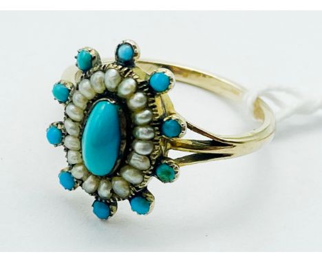 9CT GOLD SEED PEARL &amp; TURQUOISE RING&nbsp;