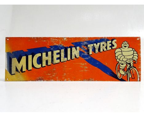 Rectangular lithographic tin advertising sign for Michelin tyres, with Bibendum on cycle pictorial. A very striking sign, wit