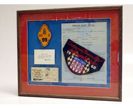 A framed/glazed presentation containing an entry form for the 1968 event, a technical committee overall patch, an event ticke