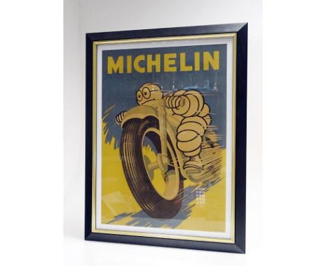 A very scarce original Michelin Tyres lithograph advertising poster, featuring the amusing image of Mr Bibendum riding a Moto
