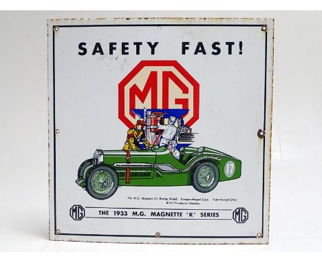 Enamel sign featuring a reproduction of a colour image of 1933 K3 Magnette taken from period sales brochure beneath slogan 'S