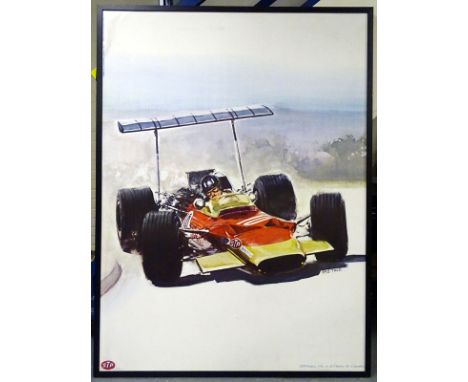 Original promotional poster for STP race fuel featuring wonderful Graham Hill Lotus 49 artwork. Artist: Yves Thos, Printer: C