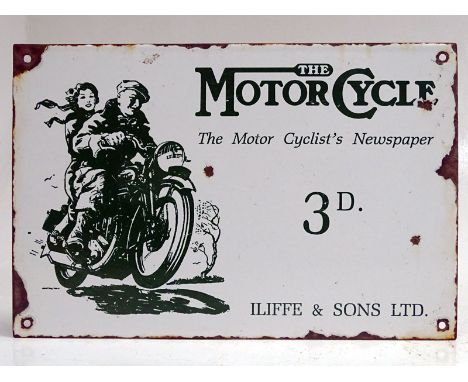 Rectangular newsagent's enamel sign, single-sided with pictorial featuring a speeding 1930s motorcycle with male rider and fe