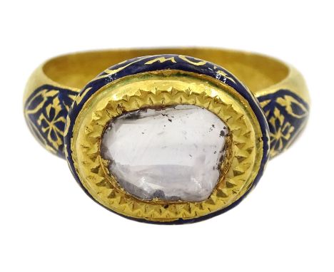 Late 19th/early 20th century gold Indian table cut diamond ring, with blue enamel decoration to the shank, bezel and under be