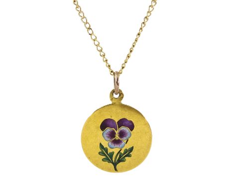 French 18ct gold enamel pansy pendant, Eagle hallmark, on 9ct gold chain necklace hallmarked