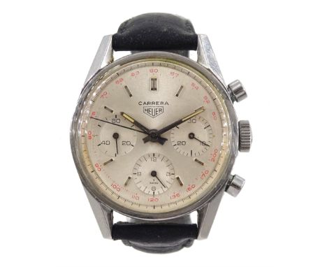 Heuer Carrera gentleman's 1960's, stainless steel 17 jewels manual wind chronograph wristwatch, No. 91982, three subsidiary d