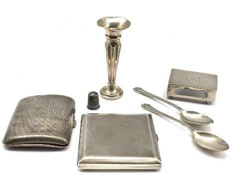 Engine turned silver cigarette case Birmingham 1927, another 1928, silver match box holder, silver thimble, small vase and tw