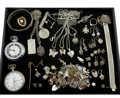 Silver charm bracelet, 14ct gold stone set stick pin, silver and silver stone set jewellery including earrings, necklaces bra