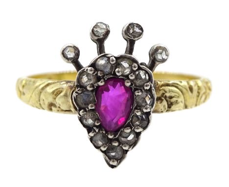Gold ruby and diamond crown and feather design ring