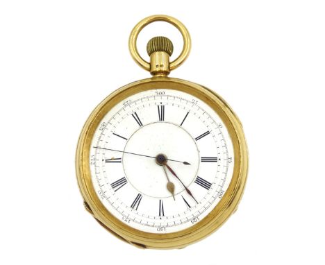 Victorian 18ct gold open face, keyless English lever chronograph pocket watch by William Ehrhardt, London, No. 202903, white 