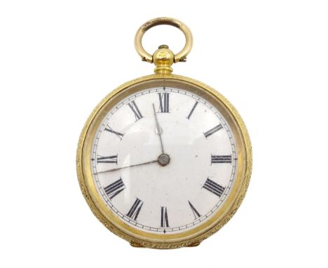 Continental gold open face ladies key wound fob watch, white enamel dial with Roman numerals, engine turned and engraved back