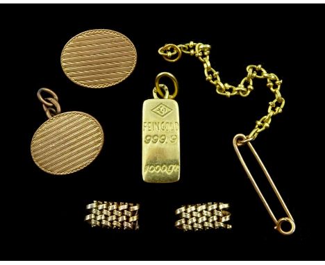 16ct gold ingot pendant, 9ct gold links and a 14ct gold chain, all tested