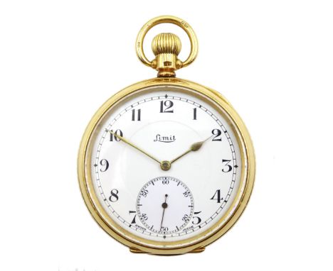 18ct gold open face keyless lever, 19 jewels pocket watch by Limit, white enamel dial with Arabic numerals and subsidiary sec