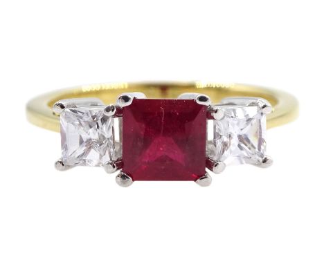 18ct gold three stone ruby and princess cut diamond ring, hallmarked, ruby approx 1.00 carat