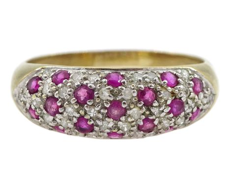 9ct gold ruby and diamond pave set ring, hallmarked