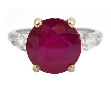 18ct white gold round ruby and pear shaped diamond ring, hallmarked, ruby approx 4.80 carat