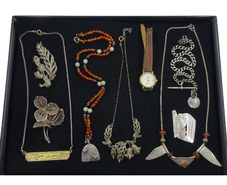 Silver beehive pendant, London 1989, on agate and bead necklace, Greek gold and silver necklace, stamped 22 925, silver and a