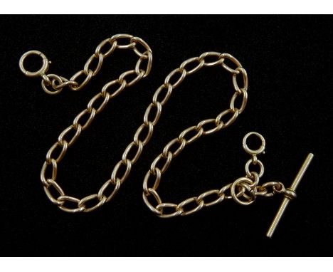 Early 20th century 9ct gold Albert T bar watch chain with spring clip, each link stamped 9.375, approx 38gm 