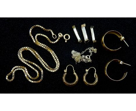 Gold chain necklace, two pairs of earrings, ring sizers, all stamped or tested, approx 8.2gm