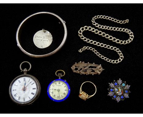 9ct gold cameo ring hallmarked, silver and blue enamel keyless fob watch by Balmoral, London import marks 1910, silver micro 