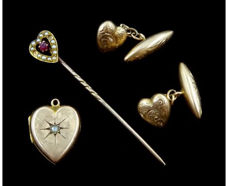 Pair of 9ct rose gold heart shaped cufflinks, Chester 1911, 9ct rose gold heart shaped locket and a 15ct gold stone heart sha