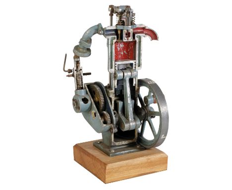 VINTAGE CUTAWAY DEMONSTRATION ENGINE MODEL mounted on an oak base