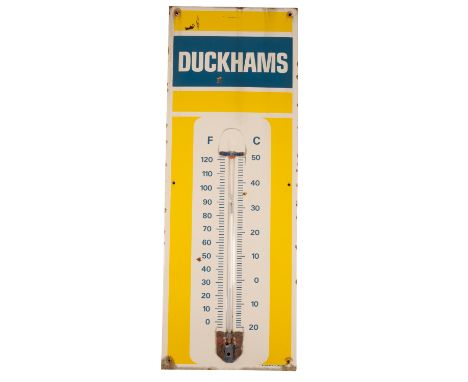 VINTAGE DUCKHAMS ENAMEL SIGN with temperature thermometer, made in Burnham, London, 92cm x 33cm