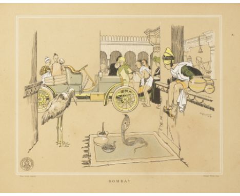 SET OF SIX COLOURED VINTAGE AUTOMOBILE PRINTS titled "Paris", "Chicago", "Seville", "London", "Nuremberg" and "Bombay" by Ren