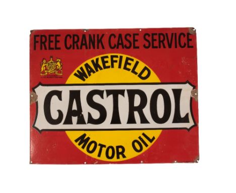 VINTAGE ENAMEL SIGN for 'Castrol Wakefield Motor Oils - Free Crank Case Service', with Royal Warrant by Appointment to His Ma