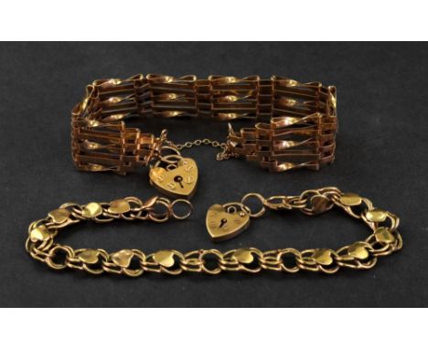 A 9ct gold gate-link bracelet with a heart shaped padlock clasp, and safety chain, and a 9ct gold open circular link bracelet