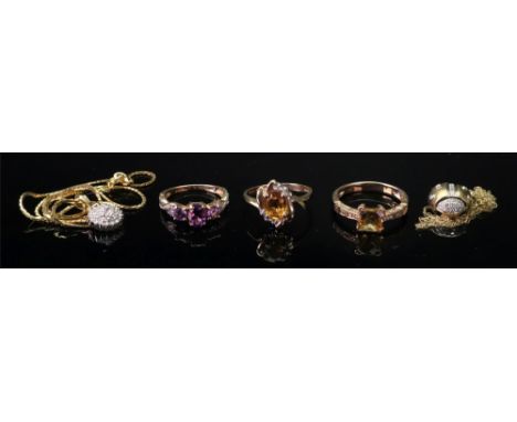 A collection of 9ct gold, gem and diamond-set jewellery comprising an amethyst three stone diamond ring, ring size M; a citri