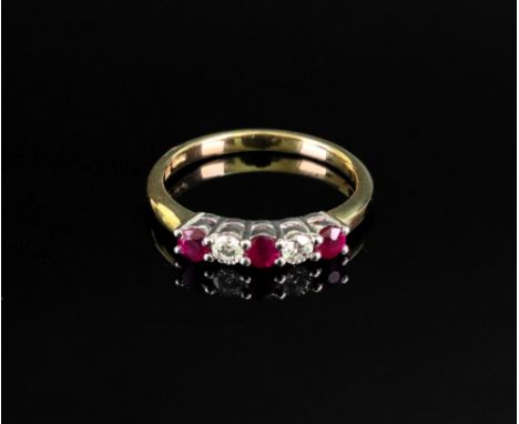 An 18ct gold, ruby and diamond-set five stone ring, set with alternating circular-cut rubies and diamonds, ring size O; 3.2g 