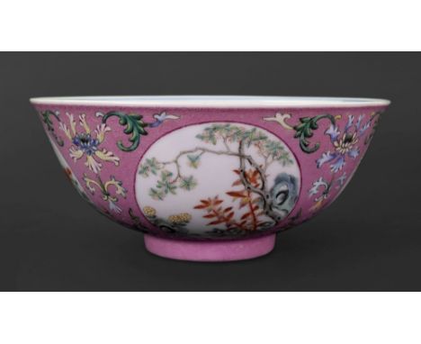 A Chinese pink sgraffito ground famille rose medallion bowl, blue Daoguang seal mark, the exterior painted with four roundels