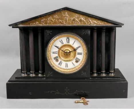 The Anson Clock Co, New York; a late 19th century black marble gilt metal mounted mantel clock, of architectural style, the t