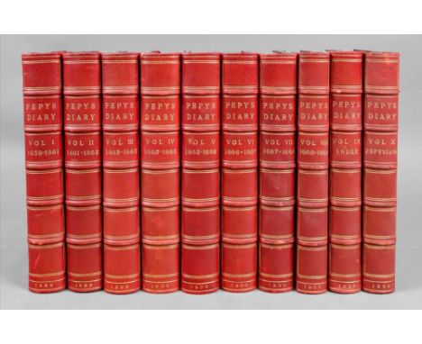 The Diary of Samuel Pepys, edited by Henry B. Wheatley, 10 volumes, 1899, illustrated, gilt half red crushed morocco, marbled