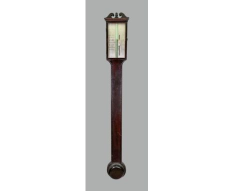 Willson & Dixey, London; a George III mahogany ebony banded case stick barometer thermometer , with broken swan neck pediment