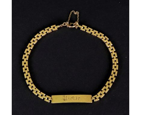 A yellow precious metal stylized brick-link bracelet, with engraved name tag, to a safety chain and bolt ring clasp, 11.3g gr