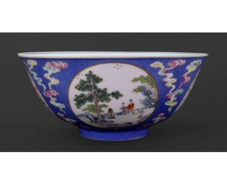 A Chinese blue Sgraffito ground medallion bowl, blue Daoguang seal mark, the exterior painted with four roundels, one of the 