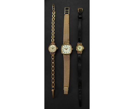 Omega; a lady's 9ct gold wristwatch, the silvered dial with baton indicators, to a manual wind movement, on a textured open l