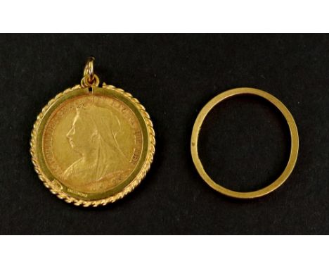 Queen Victoria 1899 half sovereign, in 9ct gold pendant mount; and a 22ct gold ring, ring size L1/2, 7.6g gross (2).