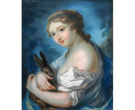 French School, 18th Century A portrait of a lady in a white dress, with a blue shawl, holding a rabbit, pastel, 58 x 48cm. 