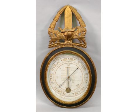Levard Opticien A Bayeux; a late 18th/early 19th century barometre and thermometer, the oval paper dial in an ebonised and ca