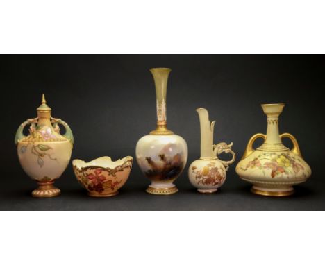 A collection of five pieces of Royal Worcester, a vase, shape no.1661, painted with rams in a highland landscape, by Ernest B