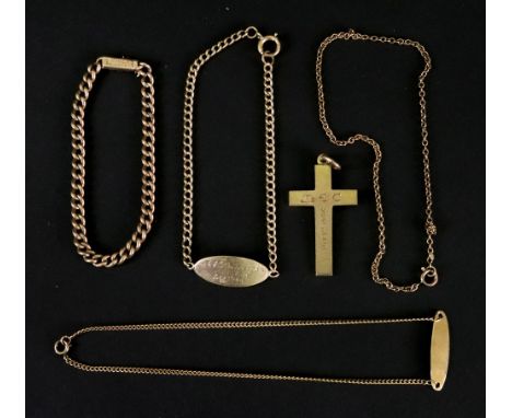 A collection of 9ct gold jewellery, comprising: a cruciform pendant; two curb-link bracelets with name tags; a trace-link ank