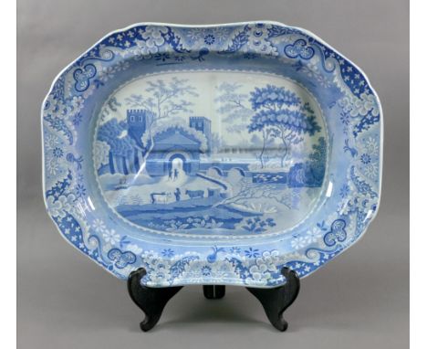 A Spode blue and white meat plate, 19th century, transfer printed with the Castle pattern from the aquatint The Gate of Sebas