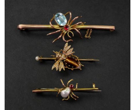 A 14ct gold, tiger's eye and seed pearl-set figural insect bar brooch, with seed pearl to the terminal, detailed 14; a 9ct go