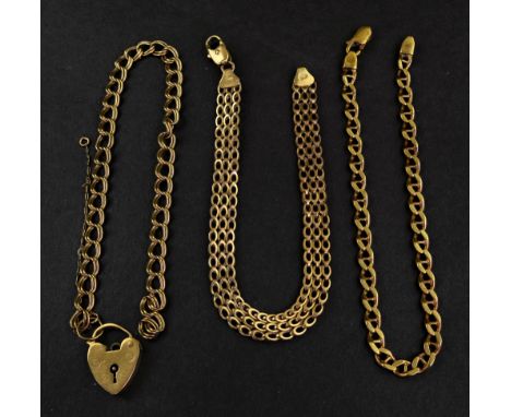 A collection of three various 9ct gold bracelets, comprising: an open double oval-link bracelet, with heart shaped padlock cl