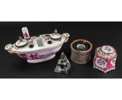 A French porcelain inkstand, with gilt metal mounts, late 19th century, the sides painted in puce with an extensive landscape