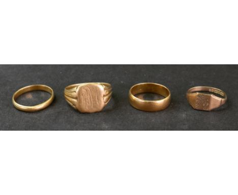 A 22ct gold band, Birmingham 1970, 2.9g, together with an 18ct gold band and an 18ct gold signet ring, 13.3g combined, and a 